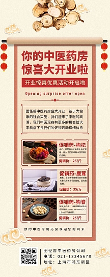 红色古风简约中医开业促销长海报