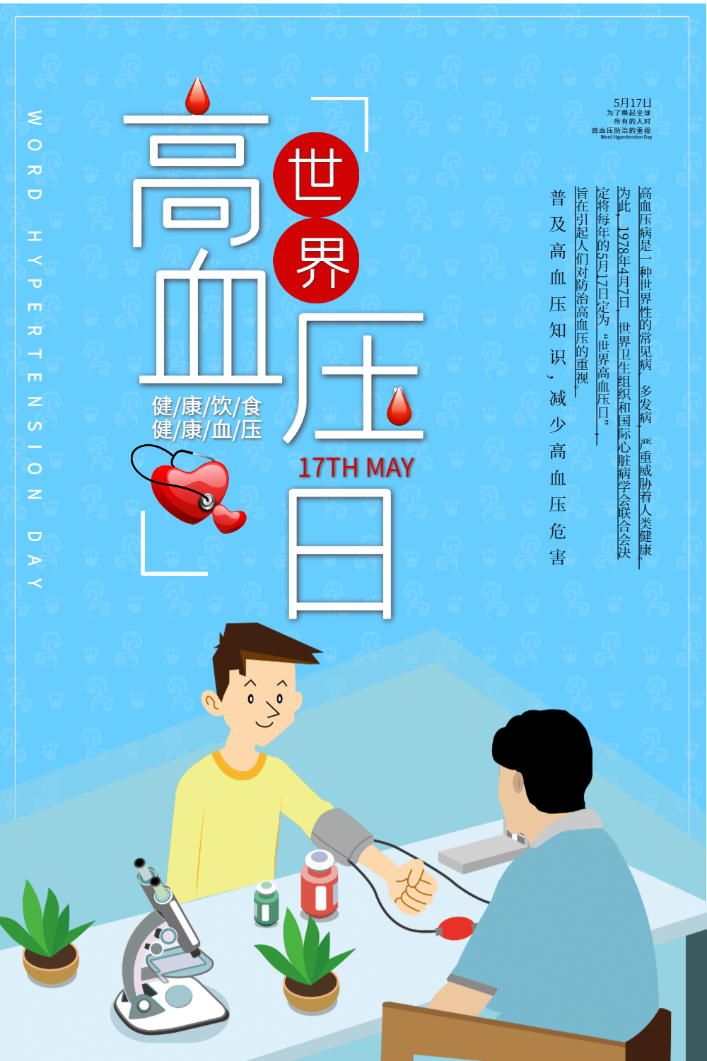 蓝色卡通世界高血压日海报