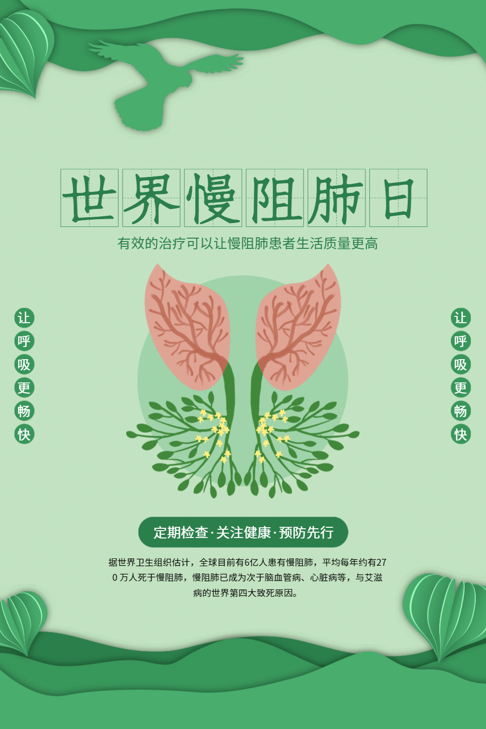 绿色剪纸风慢阻肺日海报